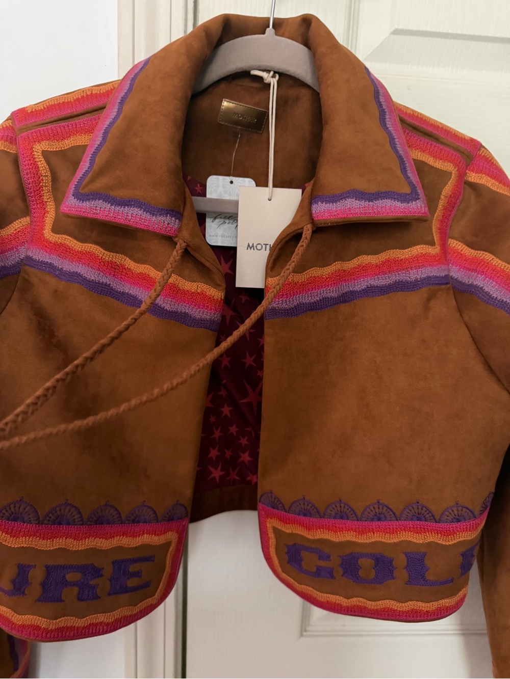 MOTHER Brown Suede Cropped Jacket with Pink & Purple Trim - Picture 8 of 9